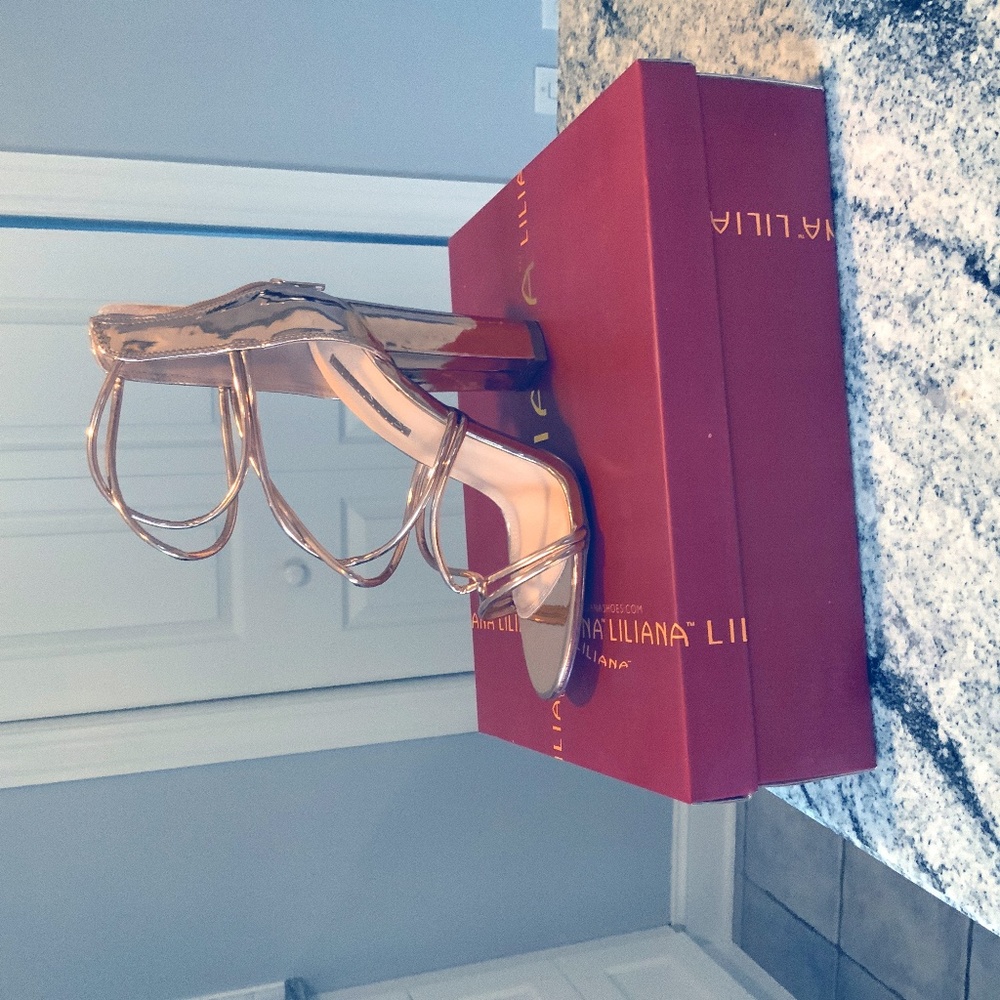 Shiny gold block heels
